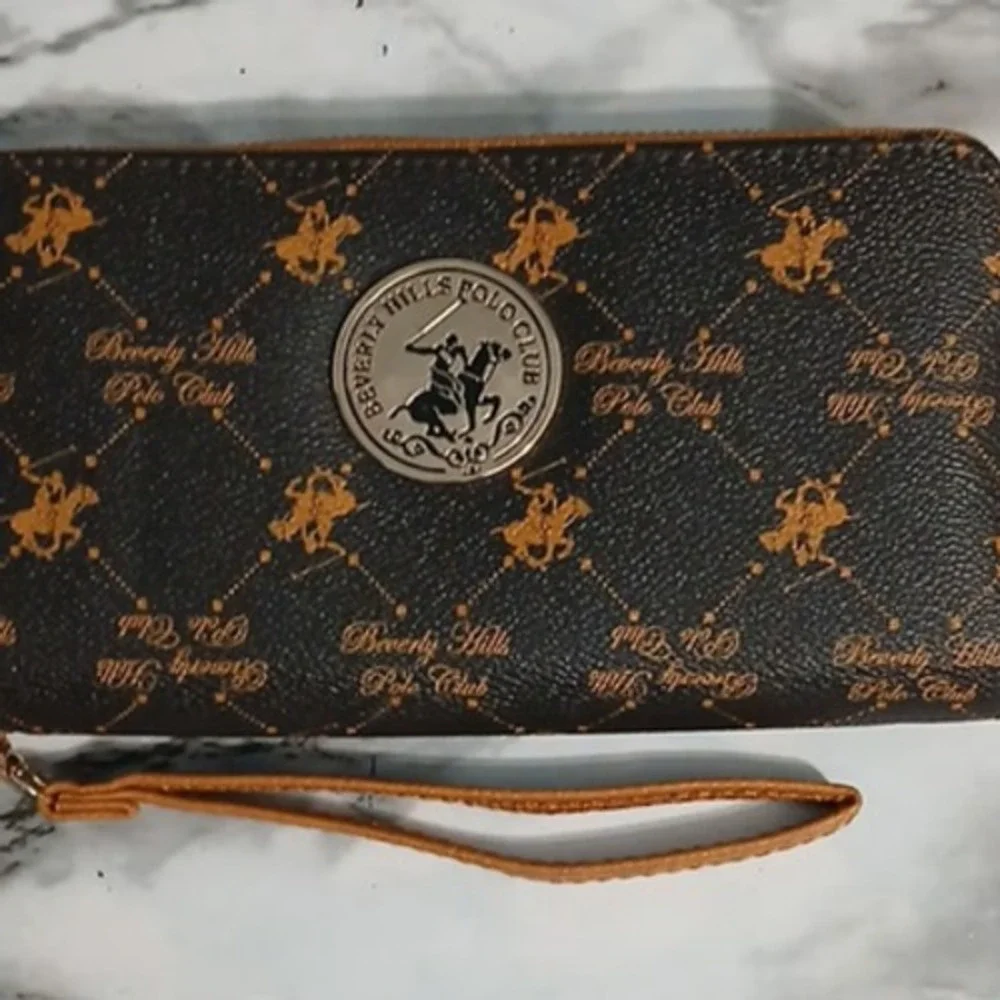 Beverly Hills Polo Club Wristlet Wallet Womens Brown Double Zipper Clutch Logo